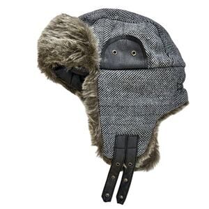 N'Ice Caps Kids Winter Trapper Hat Gray Herringbone Tweed "Fur" Lined Ear Flaps